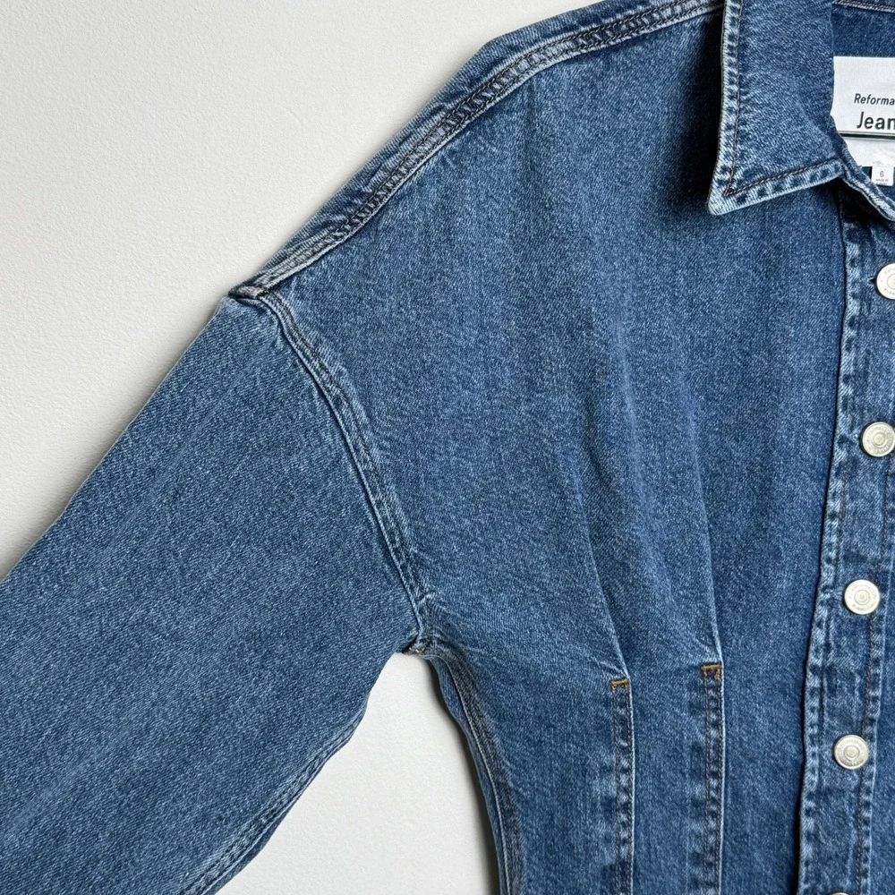 Reformation Roxanna Cinch Waist Denim Mini Dress‎ Blue Button Front Size 6 - Picture 4 of 9